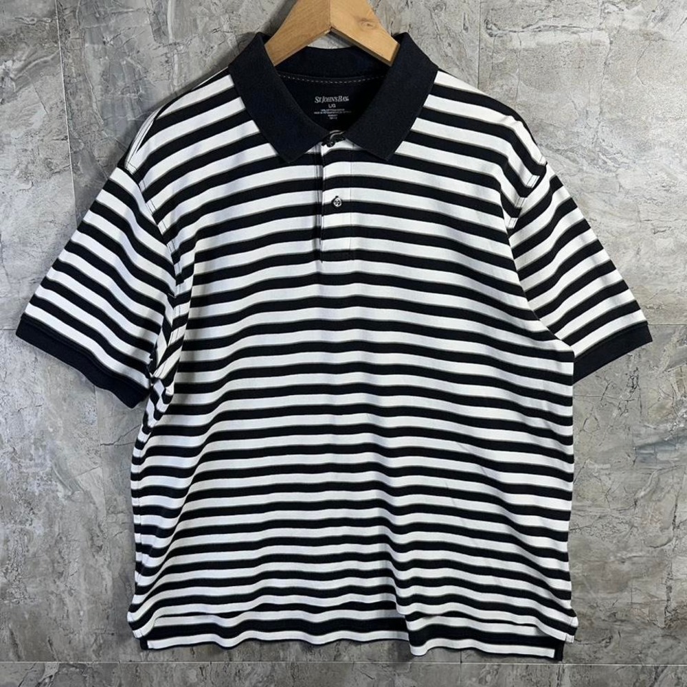 St John's Bay Polo Shirt Mens Large Black Striped Short Sleeve  Essentials‎